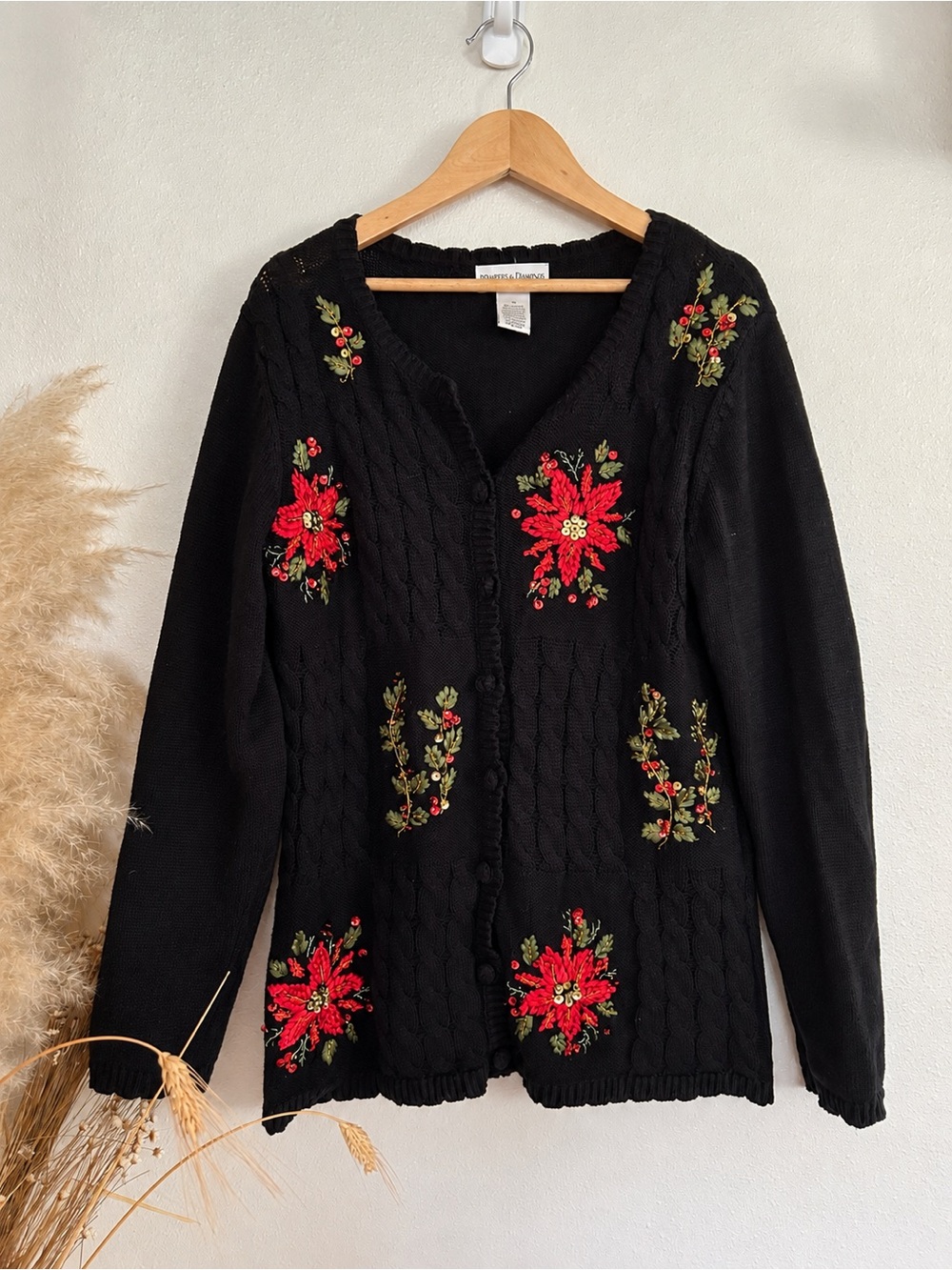 Vintage 90s Draper’s & Damons Christmas Poinsettia Embroidered Cardigan S